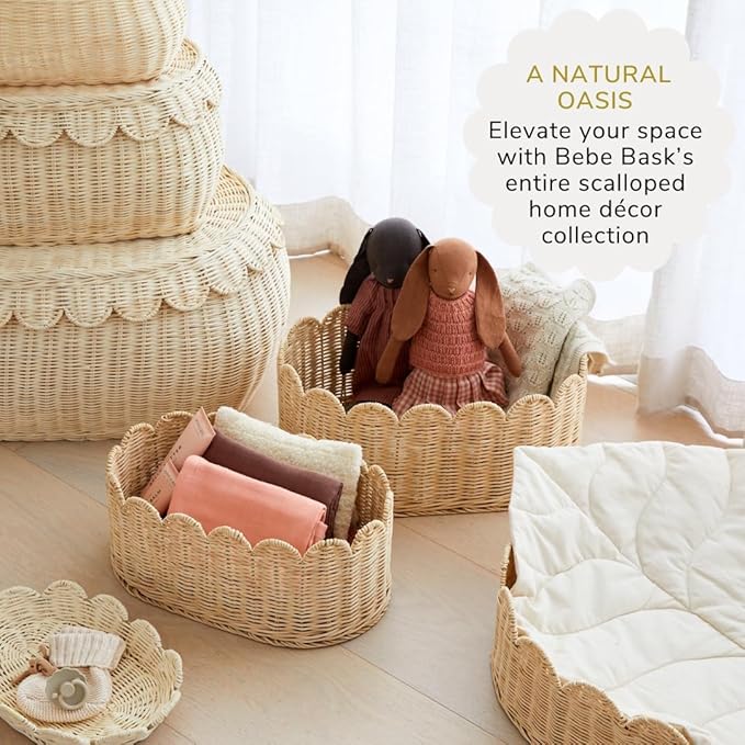 BEBE BASK Premium Scalloped Basket Set Of 2 - Scallop Basket - 16 x 10 x 7 Inch - Hand-Woven Elegant Wicker With Scalloped Edge - Nursery Storage (Natural)-VerdiqueGarden