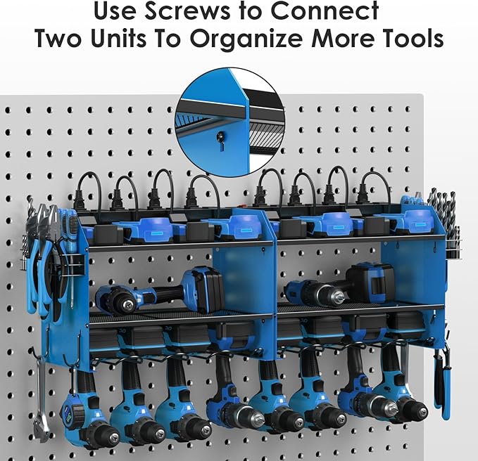CCCEI Set Power Tool Organizer Wall Mount with Charging Station. Garage 4 Drill Storage Shelf with Hooks, Heavy Duty Metal Tool Battery Charger Organizer. Shop Utility Rack with Power Strip Blue.-VerdiqueGarden
