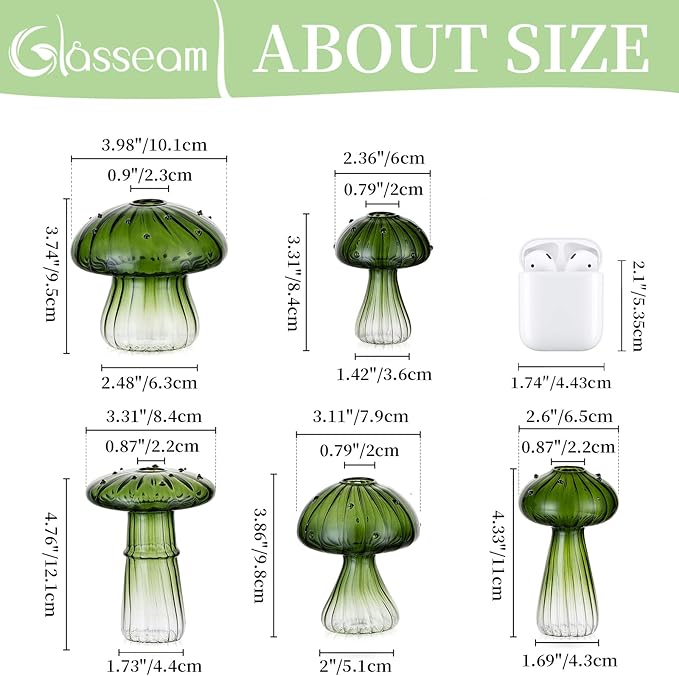 Glasseam Mushroom Plant Propagation Stations: Green Glass Terrarium Jar Set of 10 Cute Planters for Indoor Plants Mini Propagate Station Unique Christmas Birthday Gifts for Women Home Office Decor-VerdiqueGarden