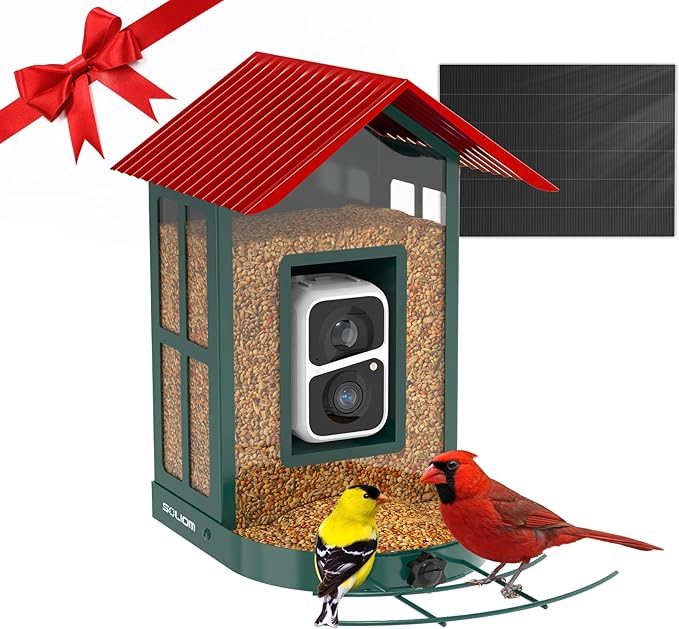 SOLIOM Solar Bird Feeder with Camera for Outdoors - AI Smart Birdhouse, 2K Live View & Instant Alerts, Squirrel Proof - Perfect Bird Watching Gift (Red)-VerdiqueGarden