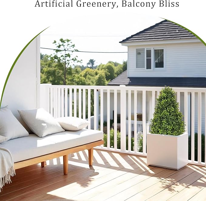 30" Artificial Boxwood Faux Plants Outdoor, UV Resistant Topiary Trees Realistic Cone-Shaped Fake Bushes and Shrubs Potted Fakeplants Set of 2 for Front Porch Patio Outside Planter Decor-VerdiqueGarden