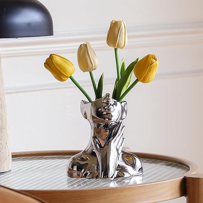 BrownLove Silver Ceramic Face Vase, Modern Silver Decorative Art Vase, Bookshelf Placed On The Desktop, Small Living Room, Office and Bedroom-VerdiqueGarden