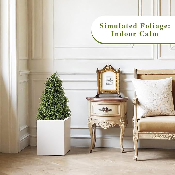 30" Artificial Boxwood Topiary Trees Outdoor Set of 2 - UV Resistant Faux Plants for Front Porch Outside Planter, Realistic Fake Cone-Shaped Bushes & Shrubs 2.5ft-VerdiqueGarden