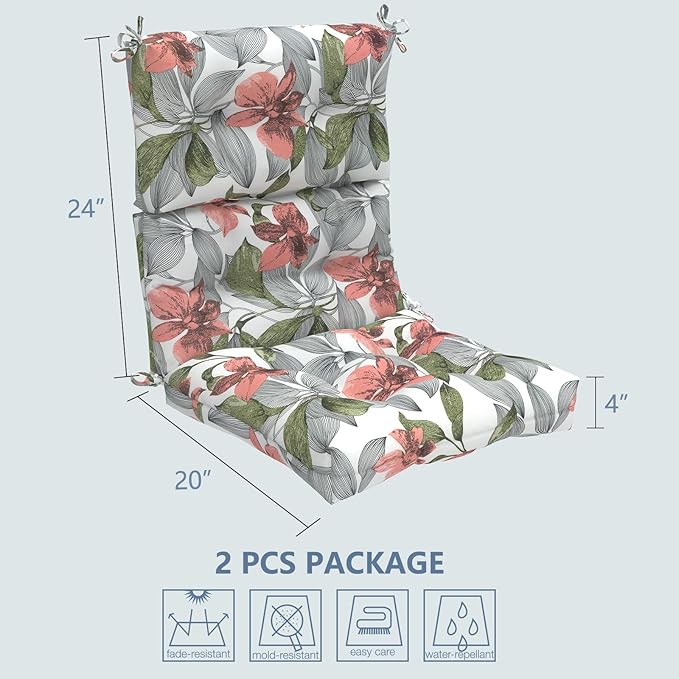 LVTXIII Outdoor Seat/Back Chair Cushion Patio Tufted High Back Cushion, Seasonal Replacement Rocking Chair Cushion with Ties (22” W x 20D”, Set of 2, Clemens Noir Pink)-VerdiqueGarden