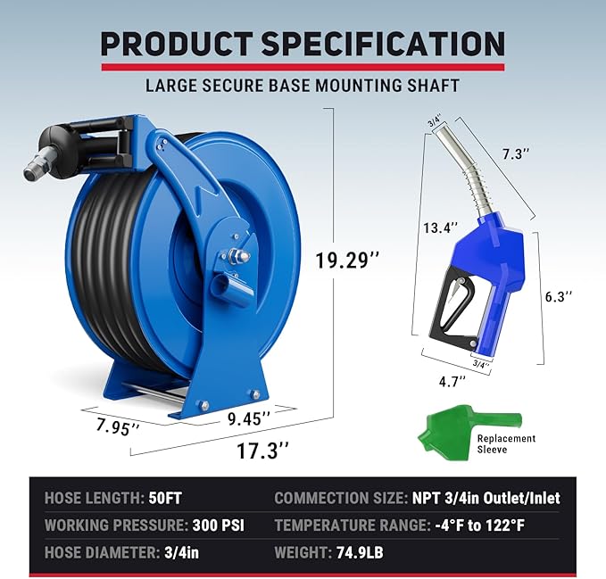 Fuel Hose Reel Retractable with Fueling Nozzle, 3/4" x 50" Heavy Duty Steel, 300PSI Industrial Auto Swivel, Spring Driven Diesel Hose Reel for Construction Farm Ship Vehicle Tank, Blue-VerdiqueGarden