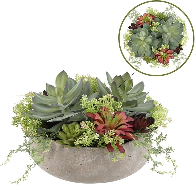 Round Faux Succulent Arrangement, 14" Premium Artificial Indoor Plant Enhances Interior Design, Display on Any Surface in Your Home Adding an Inviting Touch of Nature, Natural Planter Pot Included-VerdiqueGarden