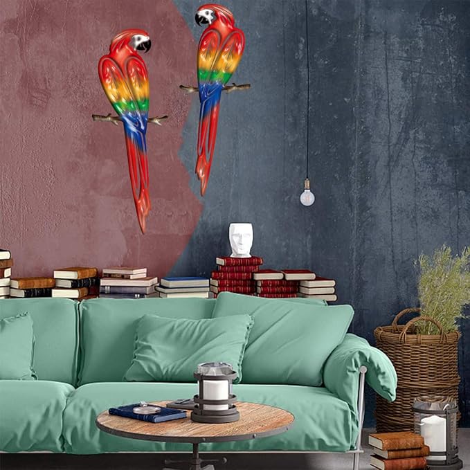 Metal Outdoor Wall Art Decor,3D Colorful Garden Birds Sculpture Outdoor Iron Hanging Parrot Decor, Metal Hand-Made Bird Wall Art Decorations for Fence Patio Balcony Living Room-VerdiqueGarden