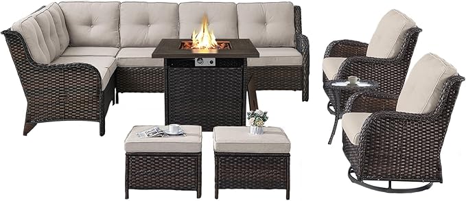 Outdoor Sectional Furniture Sofa Set with Propane Fire Pit Table, Wicker Patio Conversation Set with 2 Swivel Rocker Glider Chairs Beige Cushion Perfect for Backyard Casual Gathering-VerdiqueGarden