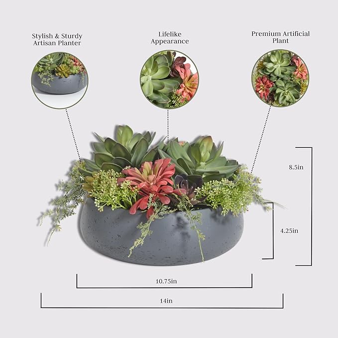 Faux Succulent Arrangement, Premium Artificial Indoor Plant Enhances Interior Design, Display on Any Surface in Your Home Adding an Inviting Touch of Nature, Grey Planter Pot Included-VerdiqueGarden