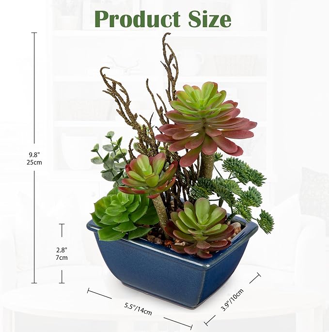 Small Faux Plant Assorted Fake Succulents Plants with Glazed Ceramic Pot Faux Succulents Arrangement Cement Potted Desk Plants Small Fake Plants for Home Table Office Bathroom Shelf Living Room Decor-VerdiqueGarden