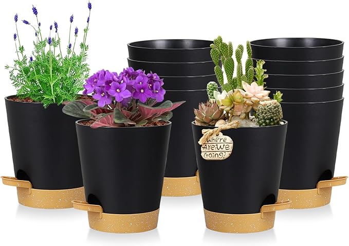 12 Pack 4 Inch Self Watering Plant Pots with Drainage and Saucers，Plastic Flower Pots for Indoor and Outdoor Plants, Nursery Planters for Houseplants and Herbs Black Brown, 4 inch 12pcs-VerdiqueGarden