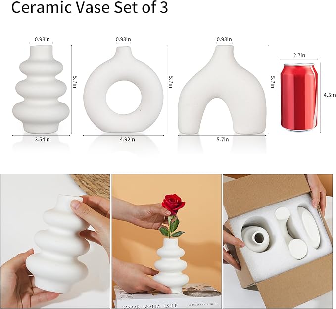 Ceramic Vase Set of 3, Small Flower Vase for Home Decor, Decorative Vases for Pampas Grass & Dried Flowers, Living Room, Bedroom, Bathroom, Shelf Centerpiece Table Decorations-VerdiqueGarden