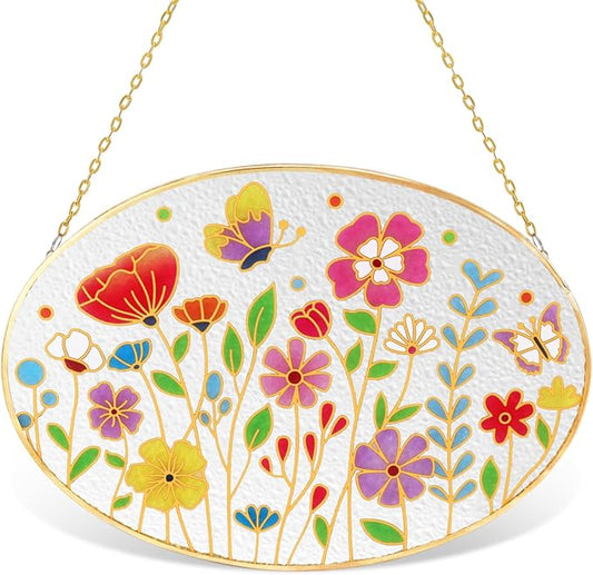 Tuitessine Wild Flower Stained Glass Suncatcher Colorful Flowers Window Wall Hanging Ornament Indoor Hand-Painted Glass Panel Spring Decor Mother’s Day Teacher Appreciation Gift 9.5" x 6.7"-VerdiqueGarden