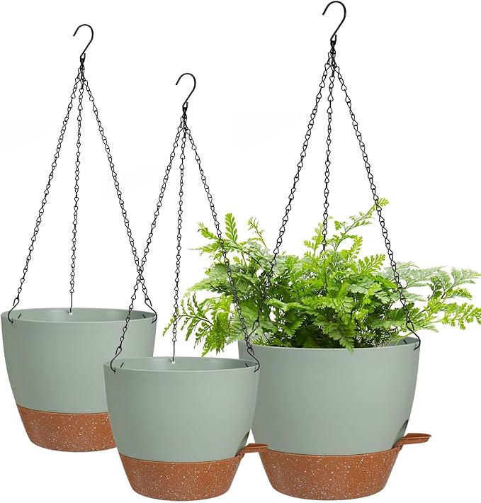 10/9/8 Inch Hanging Planter for Indoor Outdoor Plants, 3 Pack Self-Watering Hanging Pot with Drainage Holes Hanging Planter Baskets Plant Pots with Removable Tray (Green+Brown)-VerdiqueGarden
