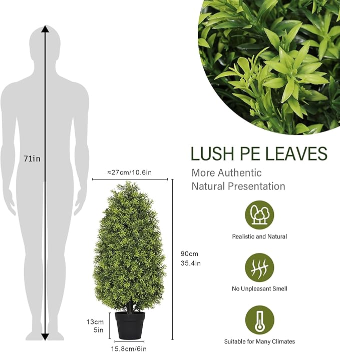 3ft Artificial Boxwood Topiary Trees (Set of 2) - UV Resistant Faux Plants for Outdoor/Indoor, Realistic 36in Fake Bushes and Shrubs for Front Porch, Planter, Patio - Low Maintenance & Evergreen-VerdiqueGarden