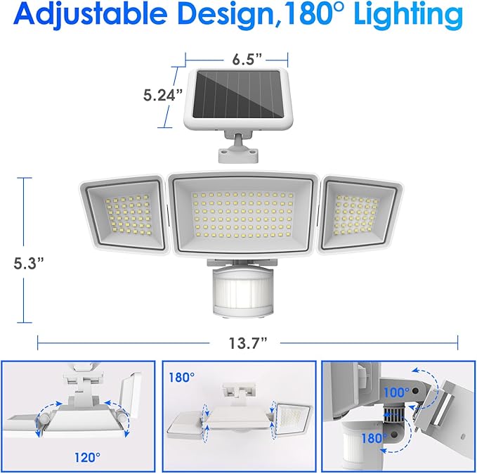 Energetic Solar Outdoor Lights, 1800LM 192 LED Security Motion Sensor Outdoor Lights with Remote Control, IP65 Waterproof Floodlight, 3 Head Motion Detected Spotlight for Garage, Pack of 2 (White)-VerdiqueGarden
