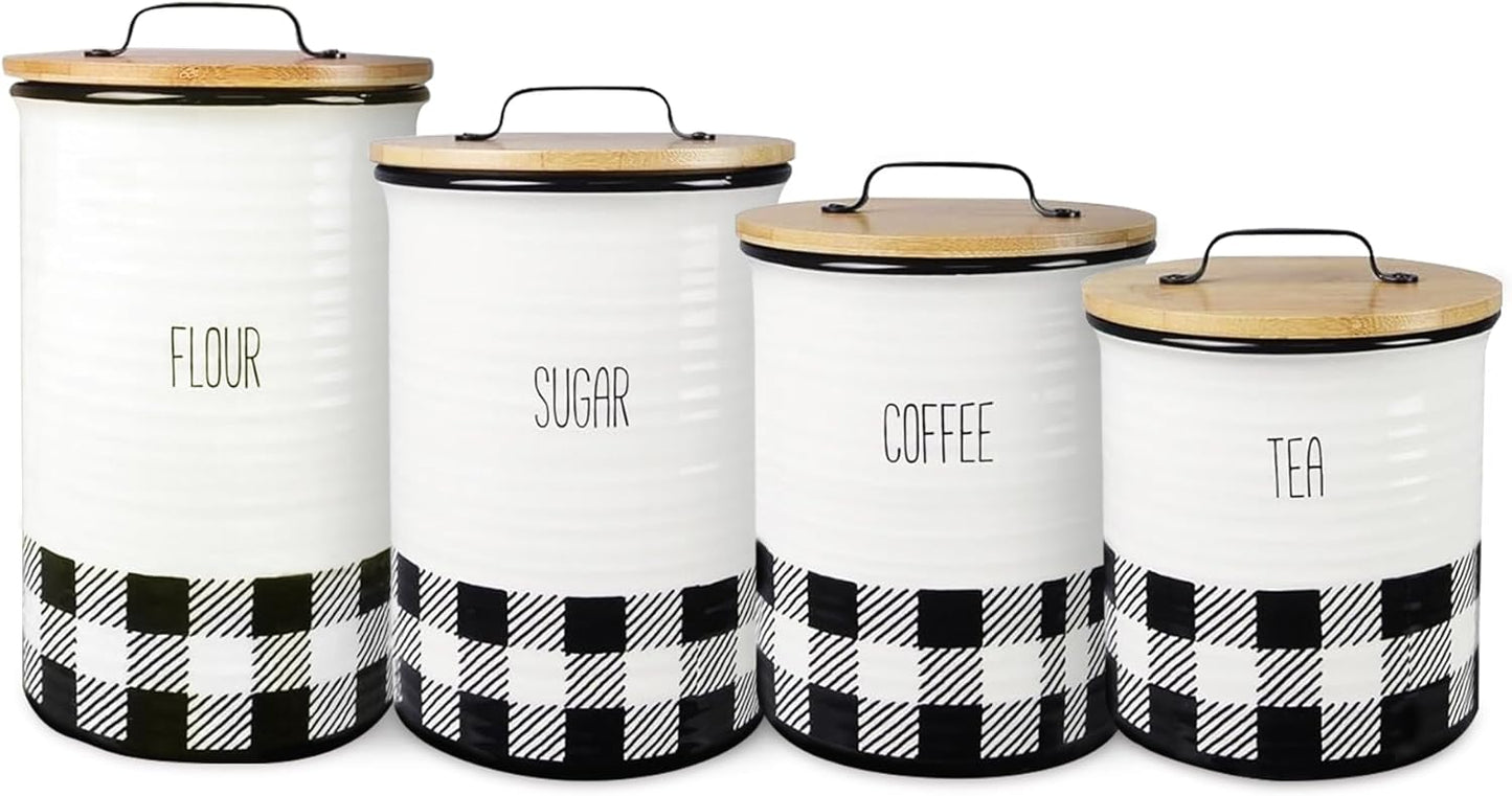 Young's Inc. 4 Pcs Set Plaid with Bamboo Lids Ceramic Canisters- Storage Container for Kitchen and Bathroom - Beautiful Home Decor Accent to Store Food, Coffee, Tea, and More - Black, White-VerdiqueGarden