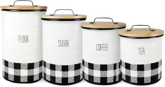 Young's Inc. 4 Pcs Set Plaid with Bamboo Lids Ceramic Canisters- Storage Container for Kitchen and Bathroom - Beautiful Home Decor Accent to Store Food, Coffee, Tea, and More - Black, White-VerdiqueGarden