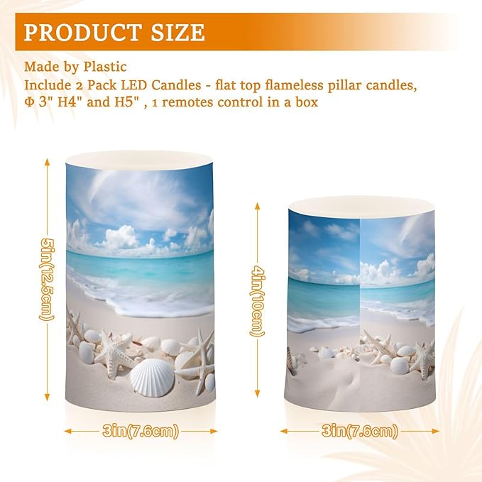 Flickering Flameless Candles, Starfishes Seashells Beach Blue Sky LED Candles with Remote Timer, Set of 2 Battery Operated Candle for Valentine Wedding Birthday-VerdiqueGarden