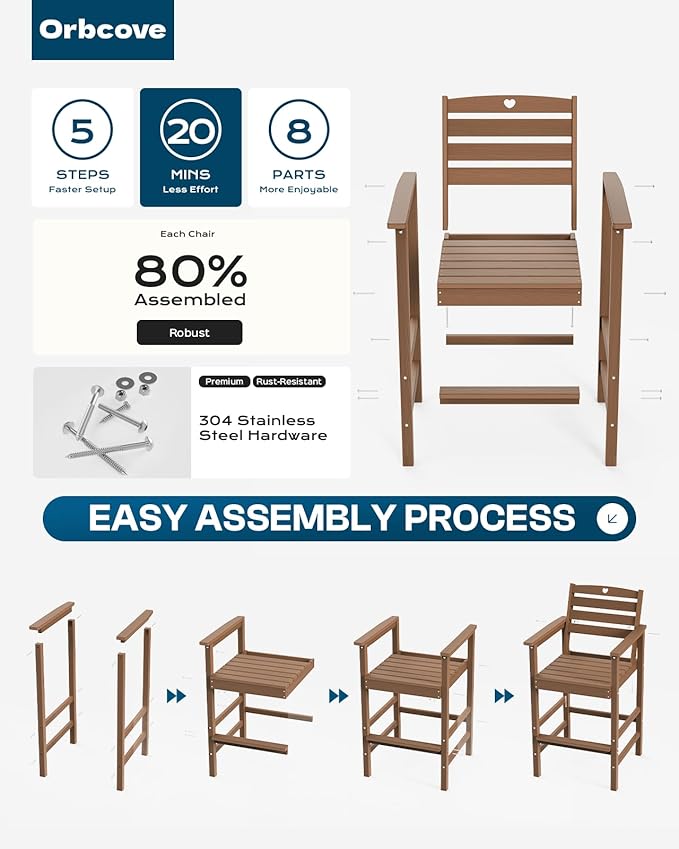 3-Piece Bar Height Patio Table and Chairs Set, HDPE Wood Grain Outdoor Bar Table and Chairs with Heart Cutout Design, Weather-Resistant Bar Height Furniture for Deck, Porch, Pool (Teak)-VerdiqueGarden