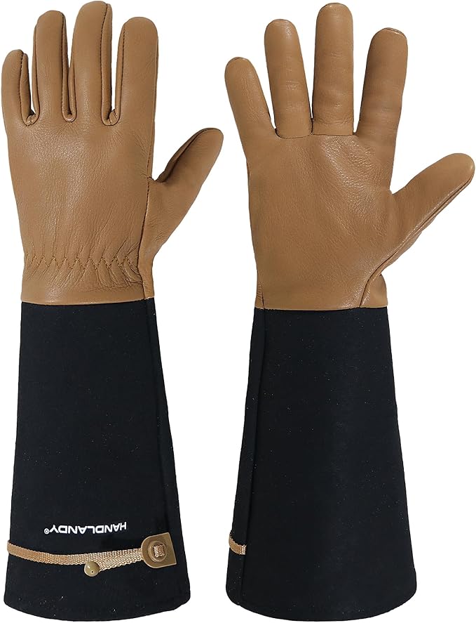 HANDLANDY Long Gardening Gloves for Men & Women, Cowhide Leather Rose Pruning Gloves, Breathable Thorn Proof Gauntlet Glove (Brown-Cowhide, L)-VerdiqueGarden
