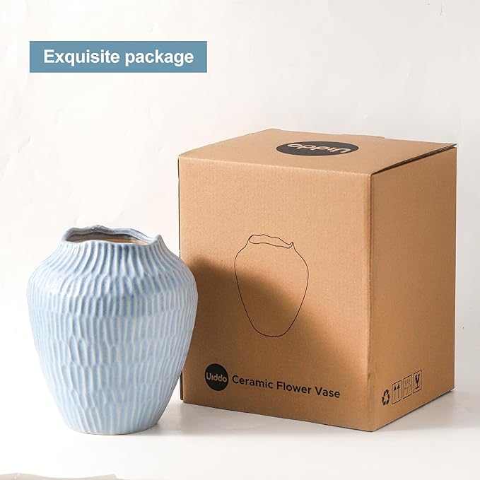 Ceramic Vase for Home Decor,7.8 Inch Flower Vases，Decorative Blue Vase for Pampas Grass，Modern Art Texture Vases for Home Entryway Living Room Dining Table Farmhouse Office Decor-Mat Blue-VerdiqueGarden