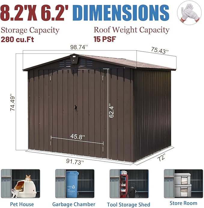 Domi Backyard Storage Shed 8.2’ x 6.2’ with Galvanized Steel Frame,Outdoor Garden Shed Metal Utility Tool Storage Room with Latches and Lockable Door for Balcony Lawn Poolside (Dark Brown)-VerdiqueGarden