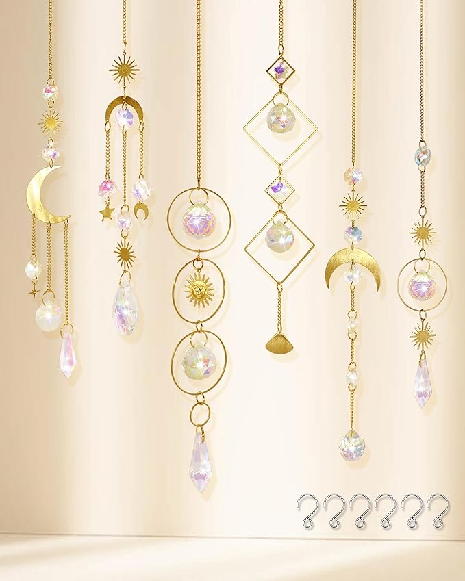 6 Pack Crystal Suncatcher,Hanging Sun Catchers with Crystals, Colorful Crystals Suncatchers Rainbow Prisms for Windows Christmas Tree Home Wedding Party Car Indoor Outdoor Garden Decor-VerdiqueGarden