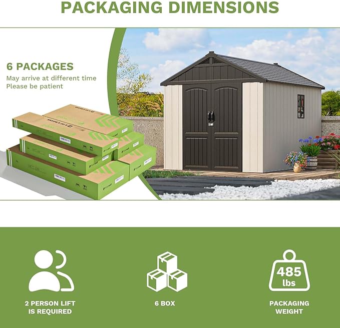 Patiowell 8 x 10 FT Resin Outdoor Storage Shed with Floor, Plastic Shed with Window and Lockable Door for Garden, Backyard, Tool Storage Use, Easy to Install in Beige (Kick-it Shed)-VerdiqueGarden