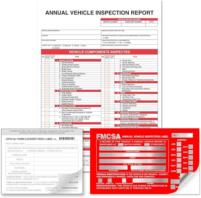 Annual Vehicle Inspection Report Form with Red Exterior Aluminum Inspection Label (6"x3.5"), and White Interior Inspection Label (5"x4") 25-pk-VerdiqueGarden