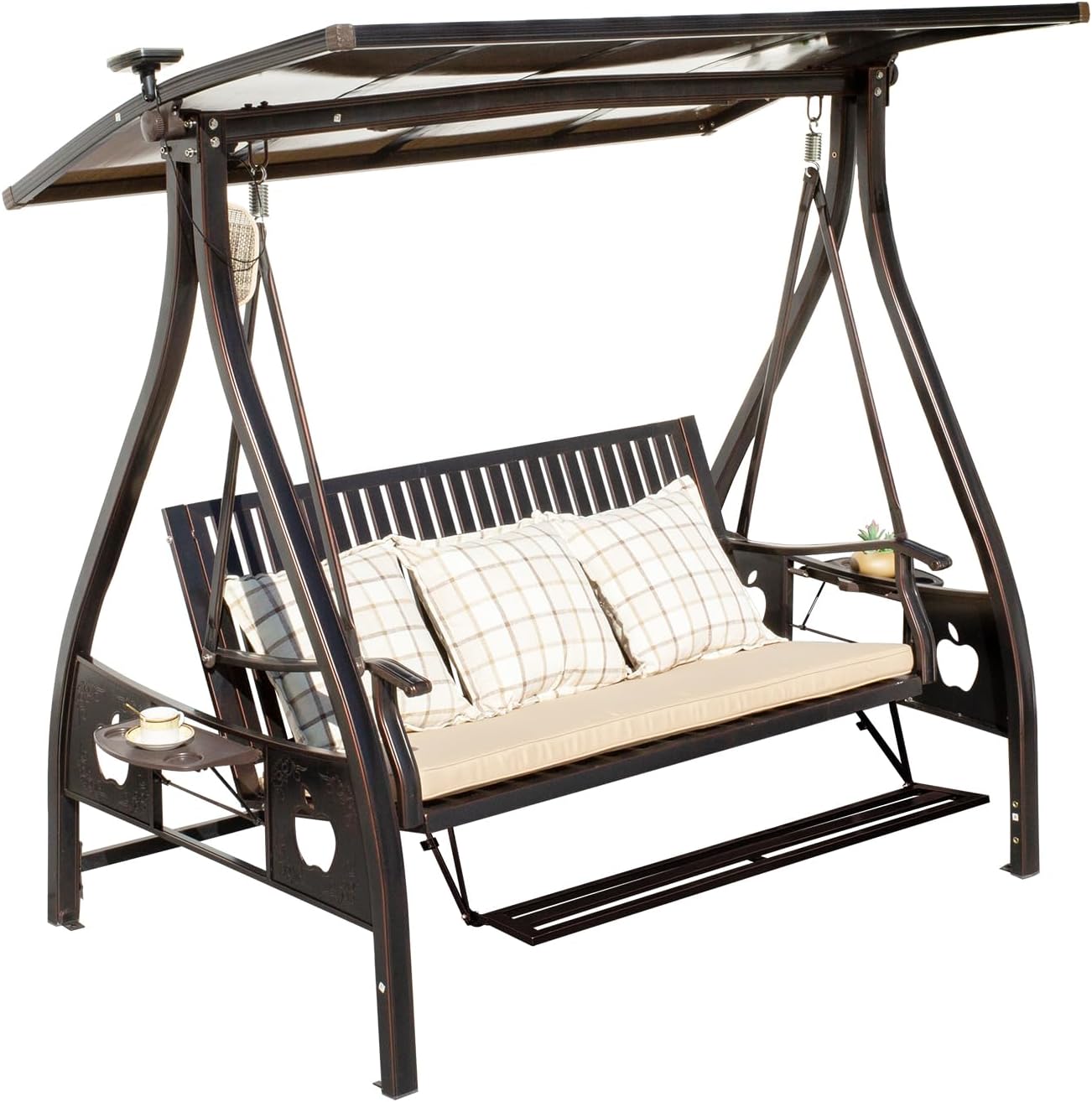 2/3-Seat Outdoor Patio Porch Swing with Adjustable Aluminum Alloy Canopy Solar Patio Swing Chair Bench with Footrest Side Cup Holder for Backyard Lawn (Elite Red Copper - 3 Seat)-VerdiqueGarden