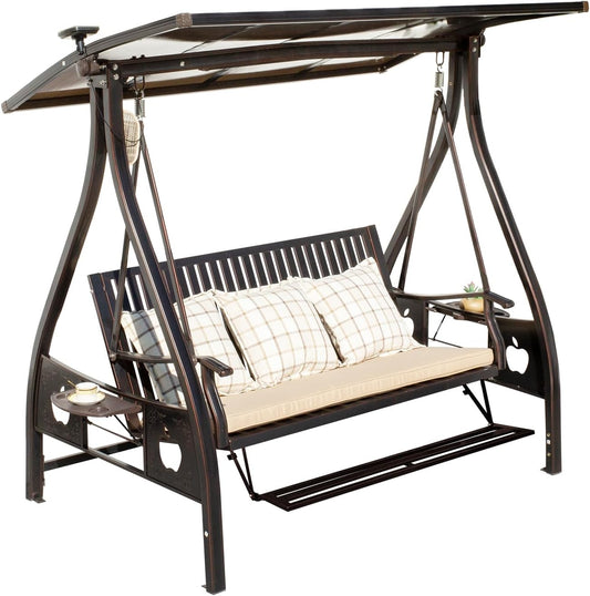 2/3-Seat Outdoor Patio Porch Swing with Adjustable Aluminum Alloy Canopy Solar Patio Swing Chair Bench with Footrest Side Cup Holder for Backyard Lawn (Elite Red Copper - 3 Seat)-VerdiqueGarden