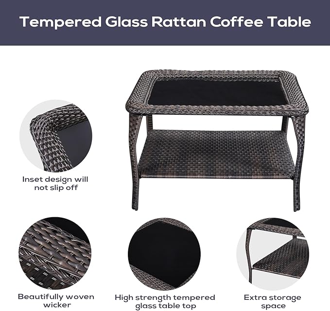 Outdoor Furniture Sectional Sofa L Shaped Couch - Patio Wicker Set with Coffee Table, 3 Piece Rattan Patio Conversation Sets with Gray Cushion for Deck Backyard Sunroom-VerdiqueGarden