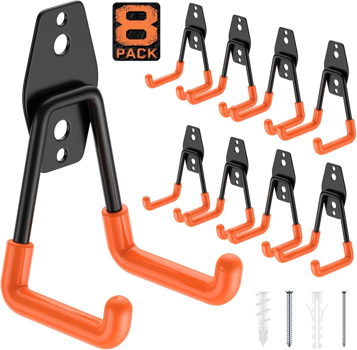 Utility Steel Wall Mount Heavy Duty Garage Hooks with Anti-Slip Coating,Storage More Yard,Garden and Power Tools and for Hanging Hose,Ladder and Bike(8 Pack 4.5x2.75 inch)-VerdiqueGarden
