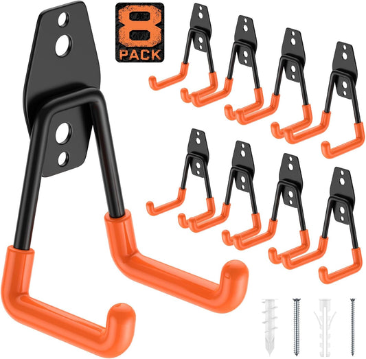 Utility Steel Wall Mount Heavy Duty Garage Hooks with Anti-Slip Coating,Storage More Yard,Garden and Power Tools and for Hanging Hose,Ladder and Bike(8 Pack 4.5x2.75 inch)-VerdiqueGarden