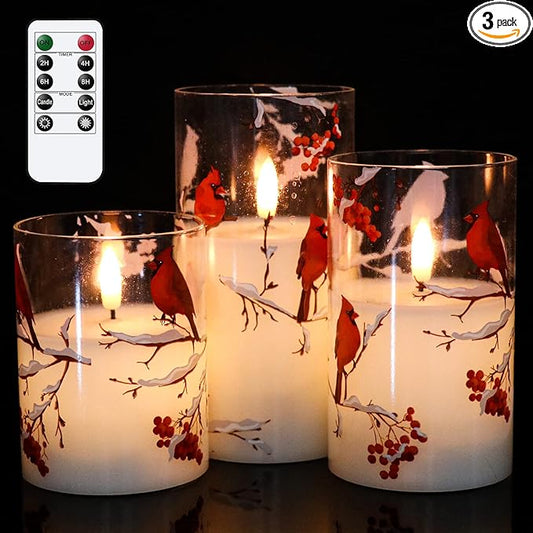 Red Bird Glass Battery Operated LED Flameless Candles with Remote Timer, Real Wax LED Candles Warm Color Flickering Light for Festival Wedding Home Party Decor(Pack of 3, 3”x4”5”6”)-VerdiqueGarden