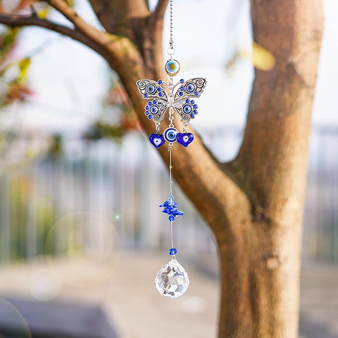 Turkish Blue Evil Eye Butterfly Wall Hanging with Crystal Suncatcher Ornament for Home Decor Protection Good Luck Blessing Housewarming Birthday Gift-VerdiqueGarden