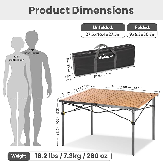 Large 46.4" Camping Table for 2-6 People - 220lbs Capacity Heavy Duty Foldable Outdoor Table with Aluminum Roll-Up Top & Carry Bag, Portable Picnic Desk for BBQ, Tailgating, Backyard (Natural)-VerdiqueGarden
