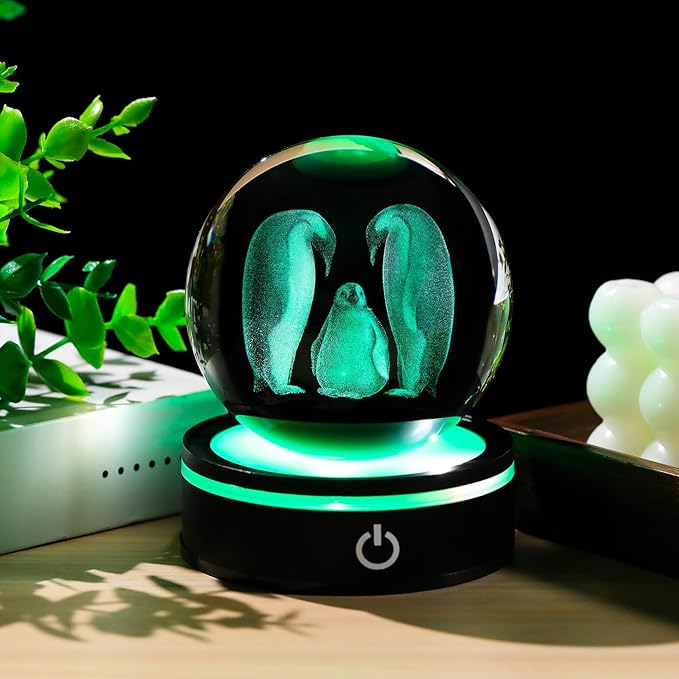 YWHL 3D Crystal Ball Penguin Figurine with LED Base Laser Penguins Gifts for Women Men on Christmas Birthday Decorative Penguin Statue Ball Glass Animals Globe Night Light for Home Decor (80mm)-VerdiqueGarden