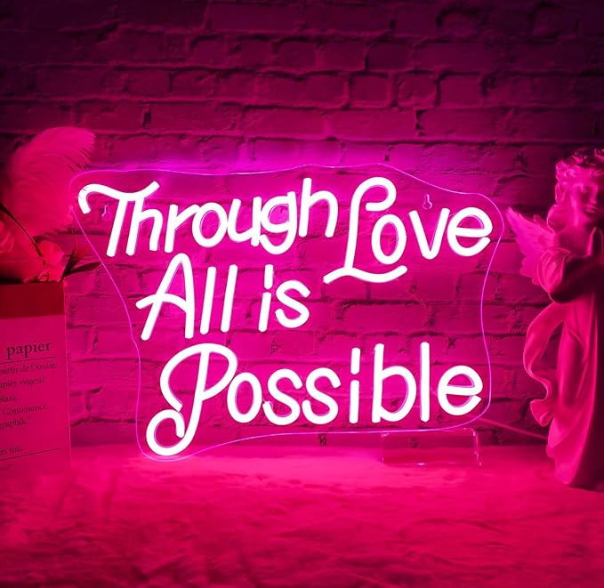 WLHOPE Through Love All is Possible Neon Sign Neon Signs for Wall Decor Dimmable Through Love All is Possible Pink Neon Lights LED Sign for Bedroom,Living Room,Bar,Party,Christmas,Birthday Gift-VerdiqueGarden