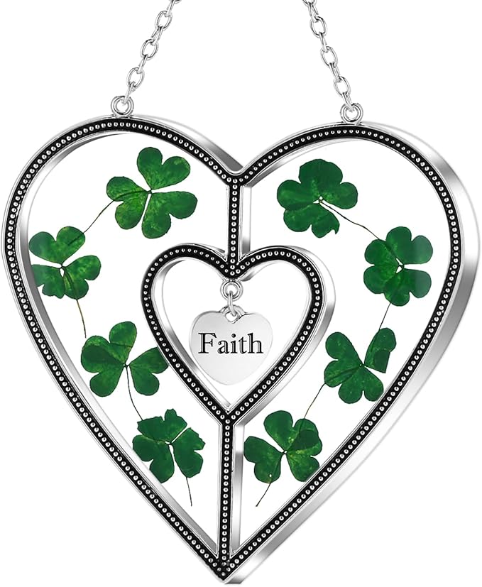 KY&BOSAM Shamrock Heart Suncatcher Faith Suncatcher St Patrick's Day Decoration Grandma Gifts for Windows Hangings Wind Chime with Pressed Flower Gifts for Mom Mother`s Day Valentine's-VerdiqueGarden