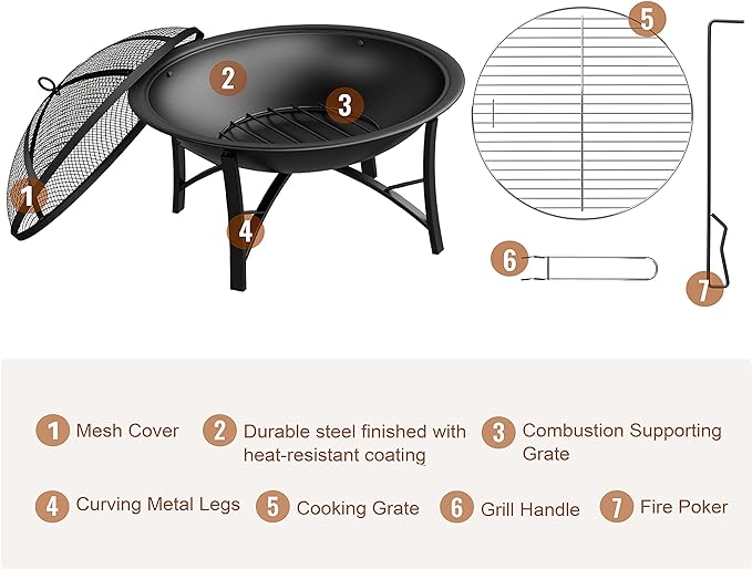 Fire Beauty Fire Pit for Outside Wood Burning,BBQ Grill Steel Fire Bowl with Cooking Grate,Spark Screen Cover,Log Grate,Poker for Camping Beach Bonfire Picnic Backyard Garden-VerdiqueGarden