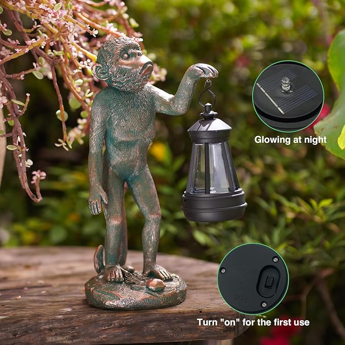 Garden Statue Monkey Figurine - Monkey Decor with Solar Powered Led Lights for Patio Lawn Balcony Yard - Ideal Gift for Women Moms Grandma Housewarming (Copper)-VerdiqueGarden