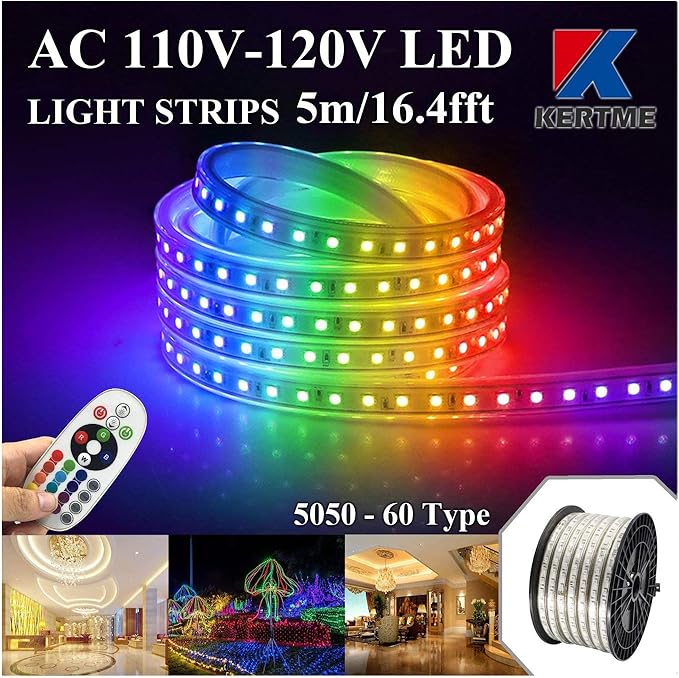 5050-60 Type AC 110-120V RGB LED Strip Lights, Flexible/Waterproof/Dimmable/Multi-Colors/Multi-Modes LED Rope Light + 24 Keys Remote for Home/Garden/Building Decoration (16.4ft/5m, RGB)-VerdiqueGarden