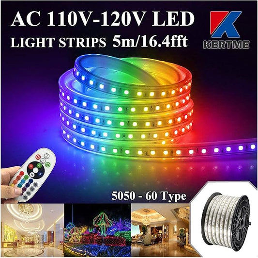 5050-60 Type AC 110-120V RGB LED Strip Lights, Flexible/Waterproof/Dimmable/Multi-Colors/Multi-Modes LED Rope Light + 24 Keys Remote for Home/Garden/Building Decoration (16.4ft/5m, RGB)-VerdiqueGarden