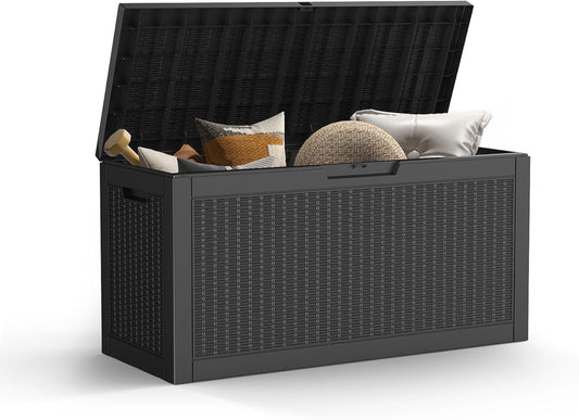 Mars Villa 60 Gallon Deck Box, Outdoor Storage Box Waterproof, Outside Resin Storage Bin for Outdoor Patio Furniture Cushions, Pool Supplies, Garden Tools, UV-Resistant and Weatherproof, Rattan Black-VerdiqueGarden
