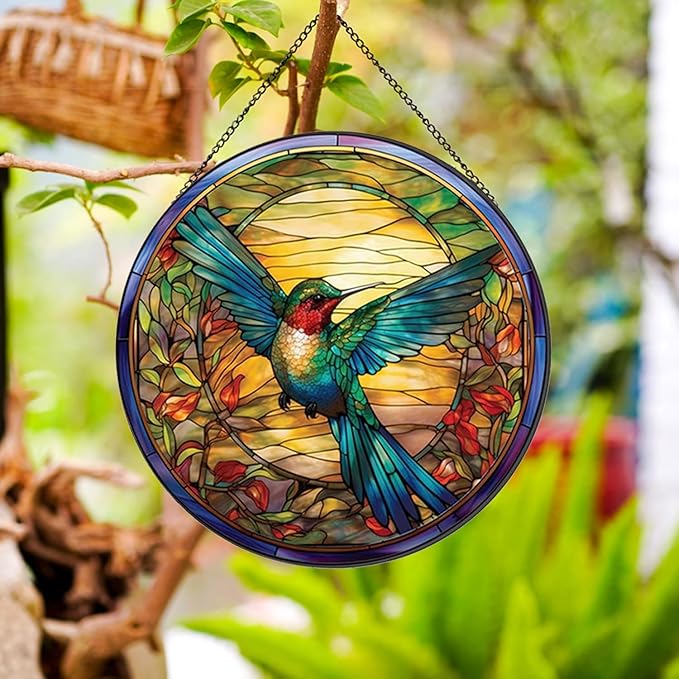 Hummingbirds Pattern Stained Glass Suncatchers for Windows,Hanging Stained Glass Suncatcher,20cm/7.87inch Hand-Painted Sun Catcher Garden Hangings Painted Glass Panel Decor Themed Gift-VerdiqueGarden