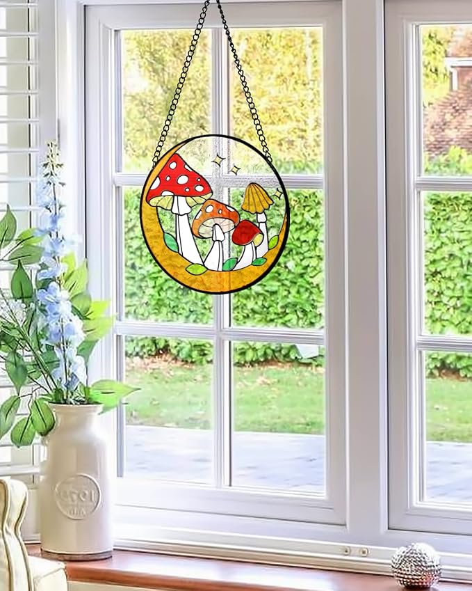 Tuitessine Mushroom Stained Glass Suncatcher Moon Toadstools Window Wall Hanging Ornament Hand-Painted Glass Panel Decor for Home Gift for Nature Plant Mushroom Lovers 6.3"*6.3"-VerdiqueGarden