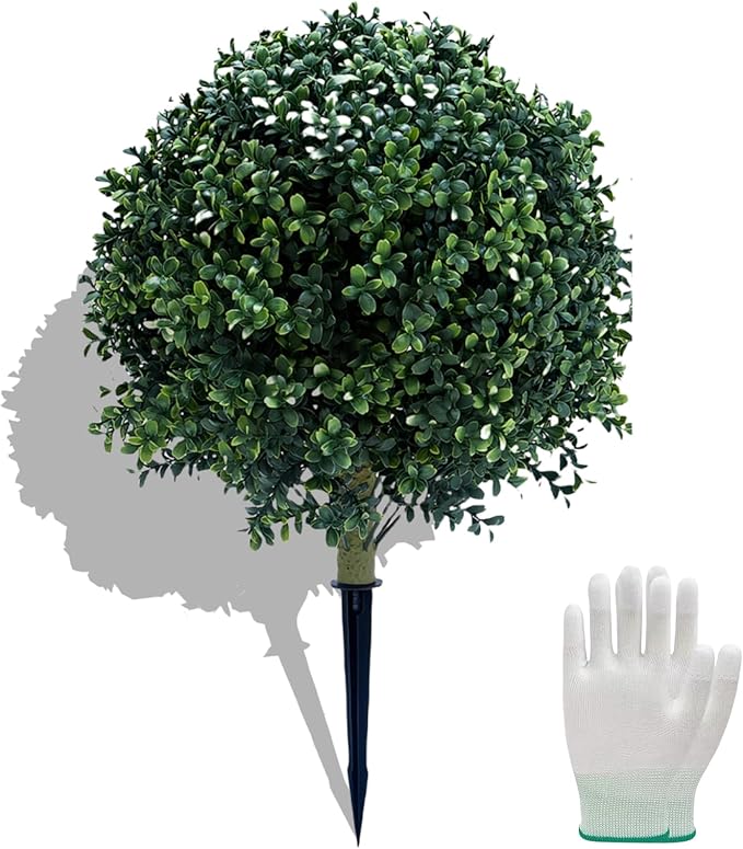 23.6 Inches Artificial Boxwood Topiary Ball Trees for Outdoor with Ground Spike, Faux Bushes UV Resistant Faux Greenery Shrubs, Fake Boxwood Plants for Indoor, Front Porch Decor, Garden, Yard-VerdiqueGarden