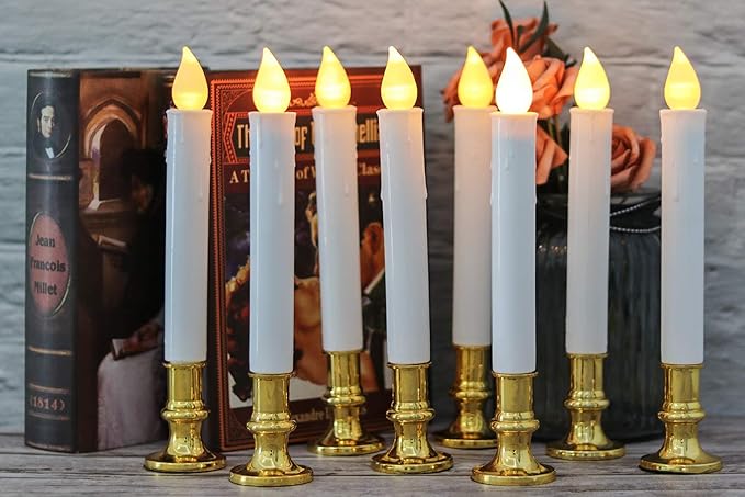 DRomance 9" Flameless Window Taper Candles Battery Operated with 8-Key Remote and Timer, 4 Pack White Christmas Holdiay Window Candles with Gold Holders, Suction Cups and AA Batteries Included-VerdiqueGarden